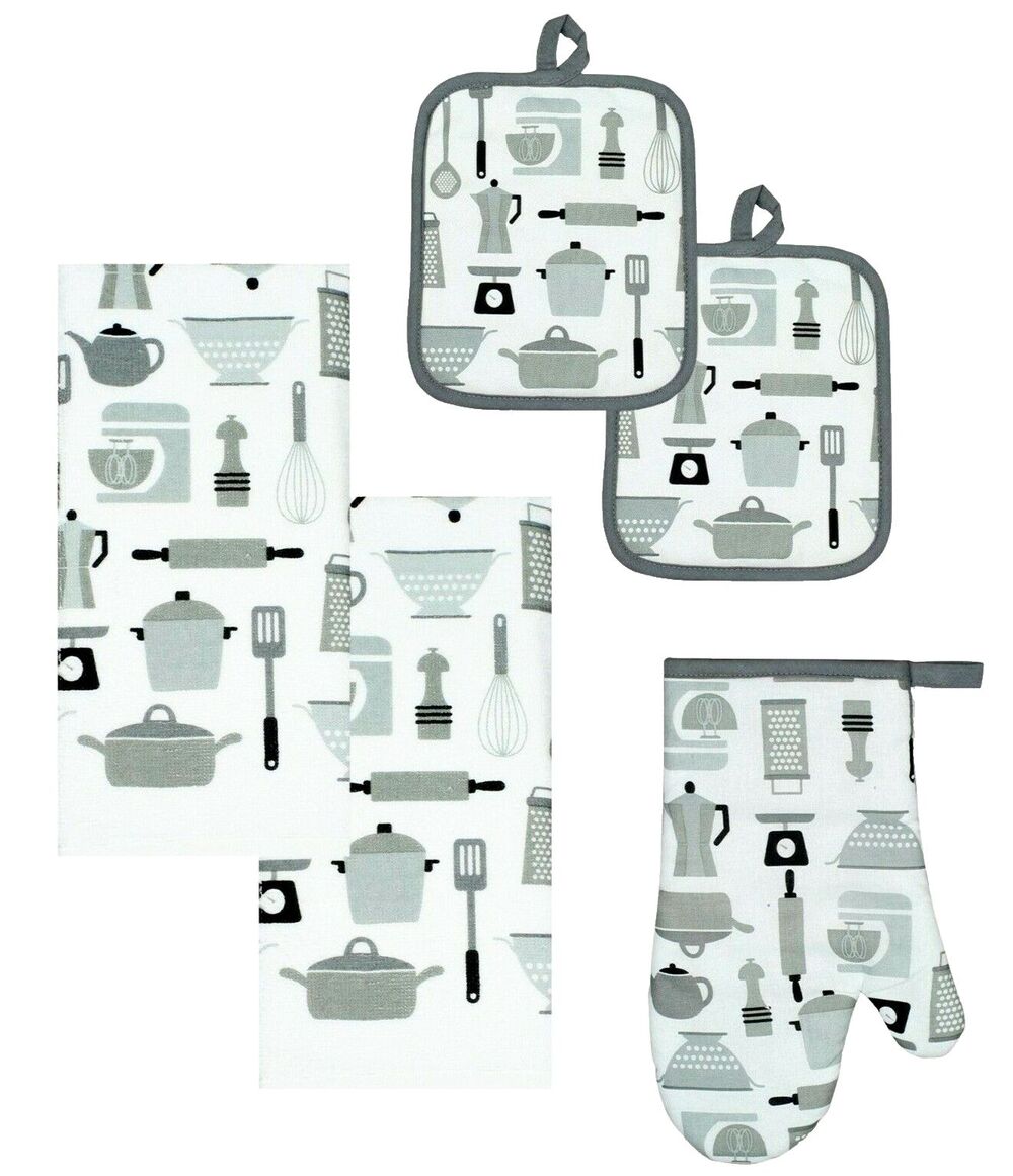 Utensils and Tools Kitchen Towels Oven Mitt Potholders Black Gray White 5-Pc NEW